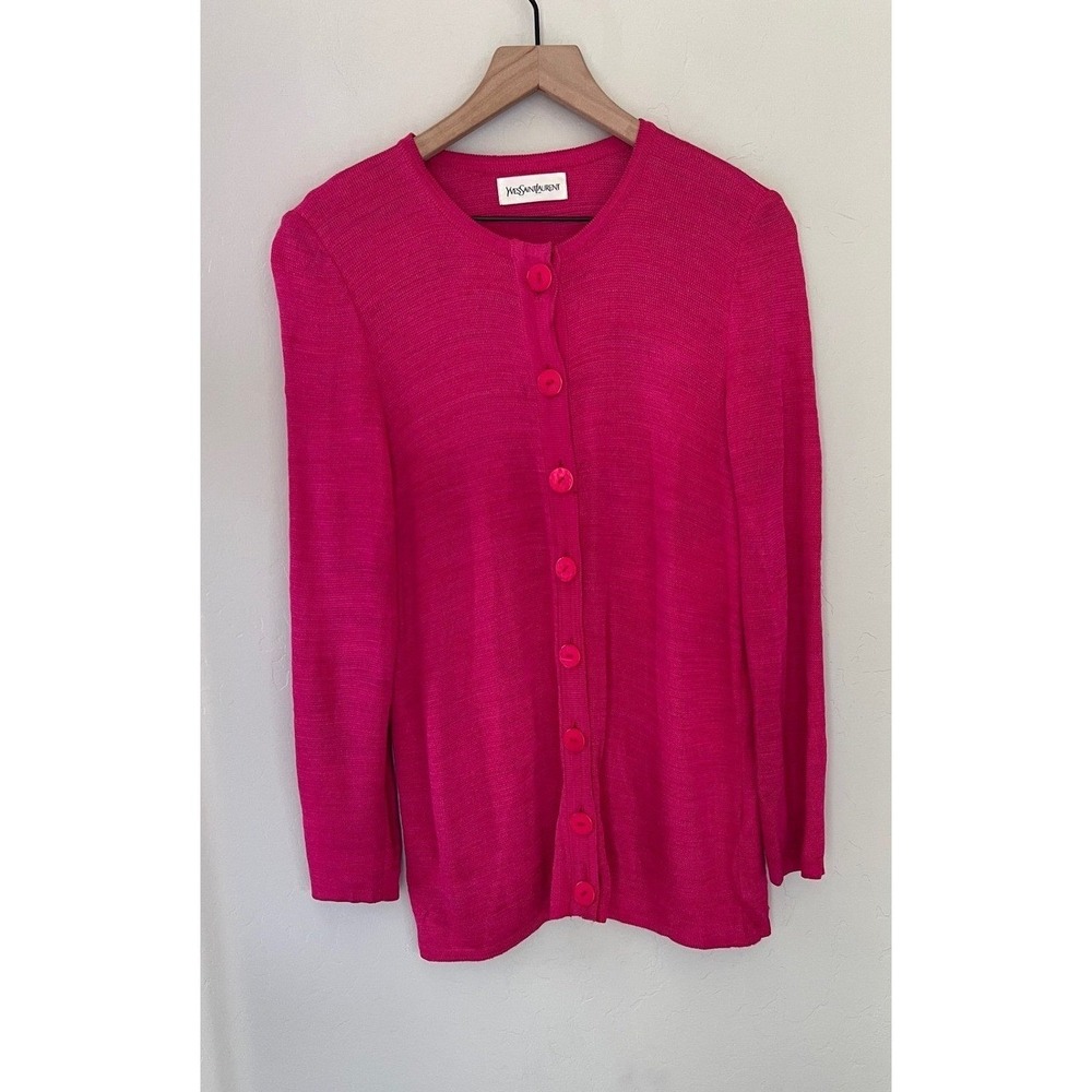 Vintage Yves Saint Laurent YSL Hot Pink Button Front Cardigan‎ Sweater Size M